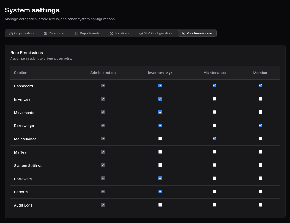 Role Permissions Settings Interface - Dark Mode